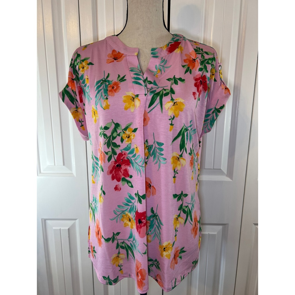 Dear Scarlett Pink Floral Split V-Neck Short Sleeve Blouse Top Medium Lizzy